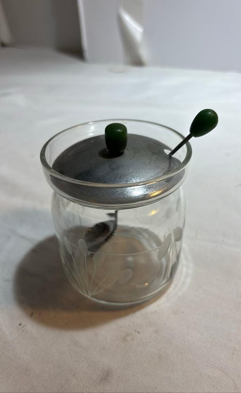 Vintage Glass Jam Jar with Metal Lid and Spoon